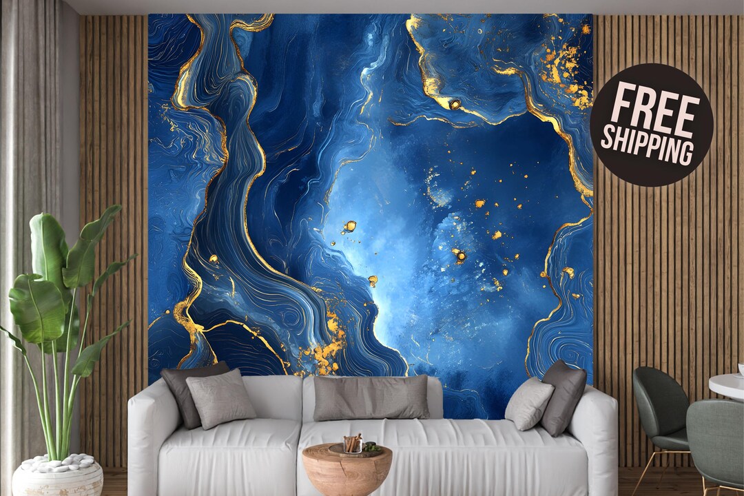 Blue Gold Marble Wallpaper Mural: Abstract Peel and Stick Canvas - Etsy