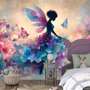 Mural de pared de hadas: fantasía floral en acuarela, papel pintado autoadhesivo