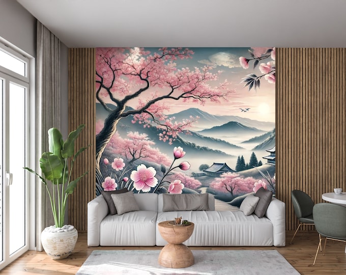 Asian Garden Cherry Blossom Peel and Stick Wallpaper - Full Wall Japanese Nature Mural, Removable Sakura Bedroom Wallpaper Decor
