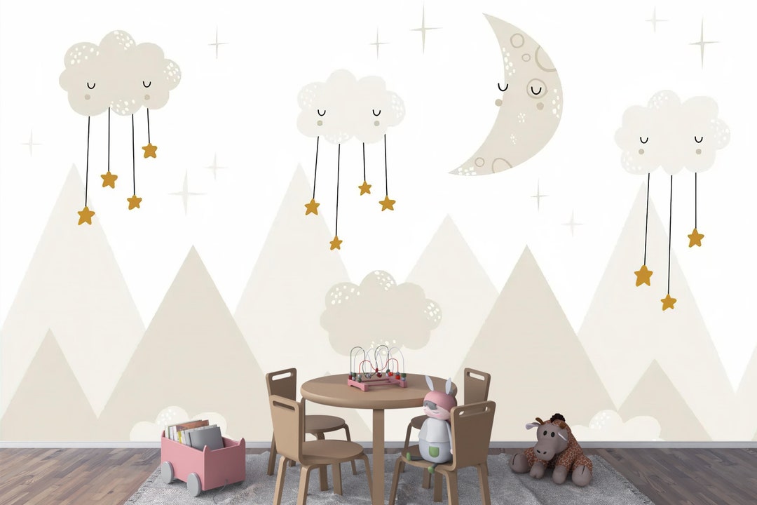 Nursery Moon, Stars and Clouds Wallpaper Mural Decal Kids Room ...