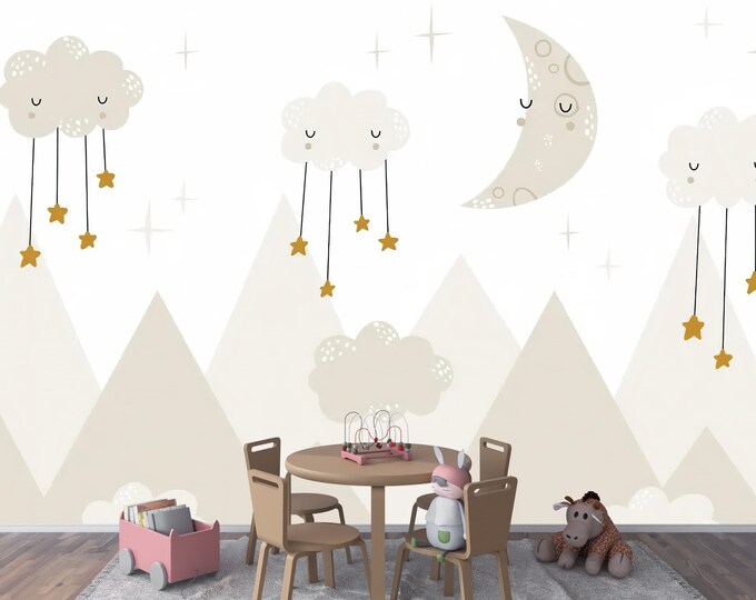 Nursery Moon, Stars and Clouds Wallpaper Mural Decal Kids Room Decoration, easy to apply and Remove Peel and Stick wallpaper