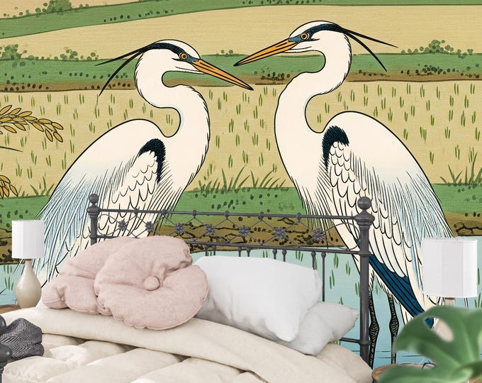 Ukiyo-e Crane Wallpaper: Zen Japanese Mural, Japandi Heron Art, Peel & Stick Asian Landscape Decor