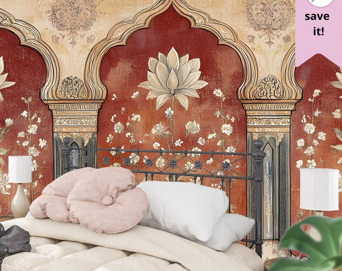 Indian Floral Wallpaper Mural: Vintage Lotus Arch, Peel and Stick