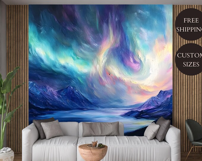 Northern Lights Night Sky Peel and Stick Wallpaper Mural Decal – Aurora Borealis with Mountain and Lake View for Living Room or Bedroom