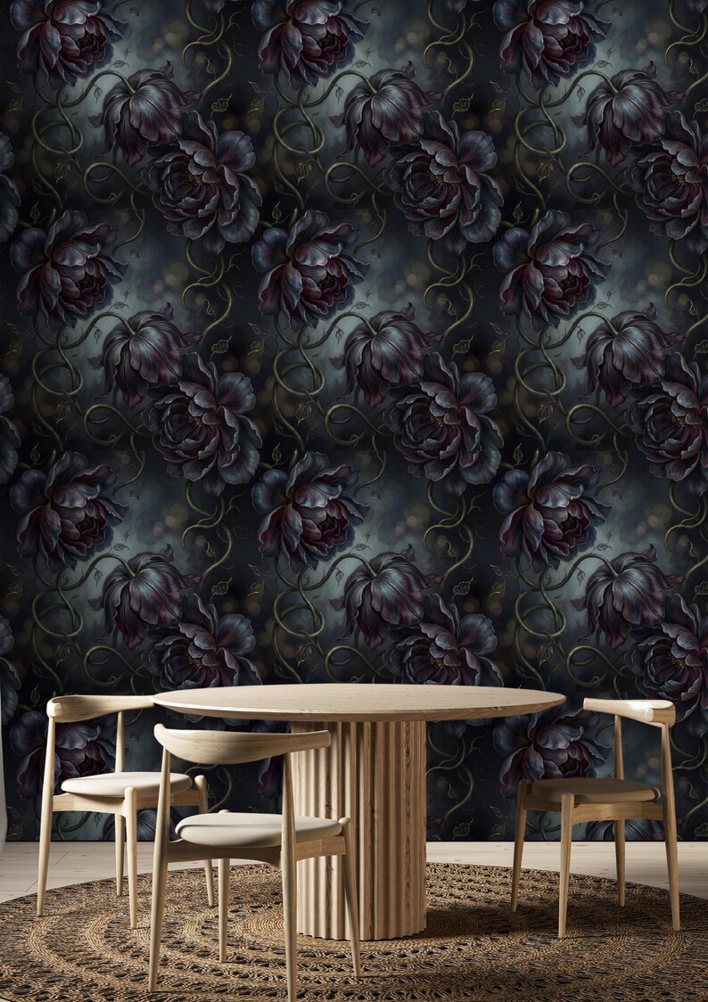 Moody Dark Gothic Floral Wallpaper – Botanical Peel and Stick Wall