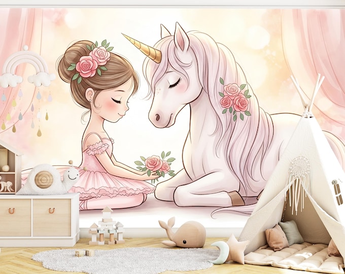 Ballerina and Unicorn Wallpaper Mural for Girls Room | Pink Ballet Nursery Wall Decor | Magical Peel and Stick Kids Bedroom Wallpaper