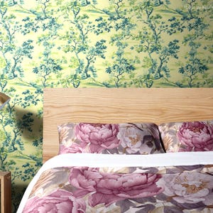 French Toile Wallpaper | Green Landscape Wall Mural | Peel and Stick or Traditional | Botanical Removable Wallpaper | Classic Country Decor
