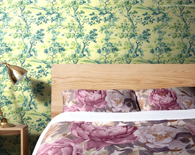 French Toile Wallpaper | Green Landscape Wall Mural | Peel and Stick or Traditional | Botanical Removable Wallpaper | Classic Country Decor