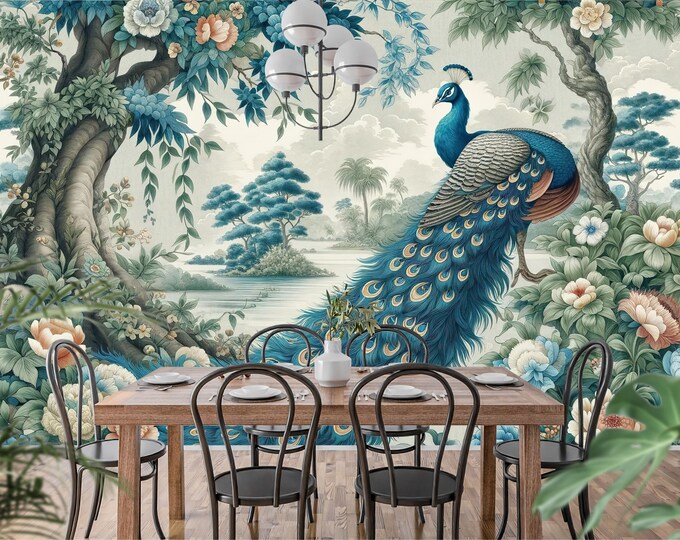 Enchanting Peacock Garden Mural: Exquisite Chinoiserie Peel and Stick Wallpaper - Moody Peacock Garden