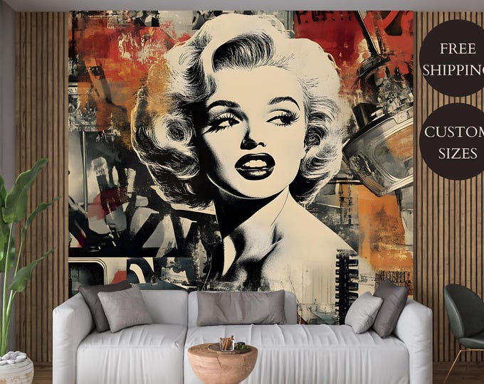 Retro Vintage Marilyn Monroe Pop Art Wallpaper Mural Decal – Hollywood Glamour Collage Wallpaper for Living Room, Bedroom, Office
