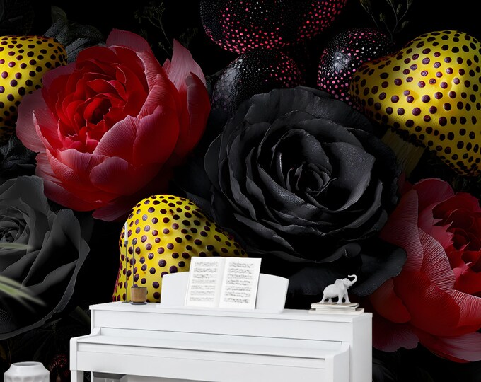 Kusama Dark Gothic Roses Floral & Mushroom Wall Mural Wallpaper – Surreal Spotted Fungi Wallpaper
