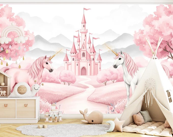 Enchanted Pink Unicorn Wallpaper Mural | Princess Castle & Fairytale Landscape Peel and Stick Kids Room Decor | Girls Nursery Wall Art
