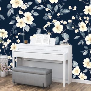 Carta da parati murale con motivo floreale classico vintage blu navy, stacca e attacca, in tela, vinile o carta non tessuta, rimovibile, per camera da letto o soggiorno