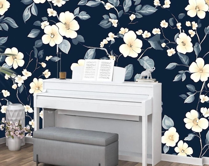 Navy Blue Vintage Classic Floral Design Wallpaper Mural Peel and Stick Removable Canvas, Vinyl or Non Woven Paper for Bedroom or Living Room