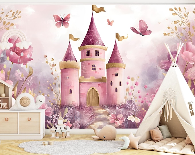 Fairytale Princess Castle Mural Wallpaper – Pink Floral Wall Art for Girls’ Room – Fantasy Decor in Peel and Stick or Prepasted