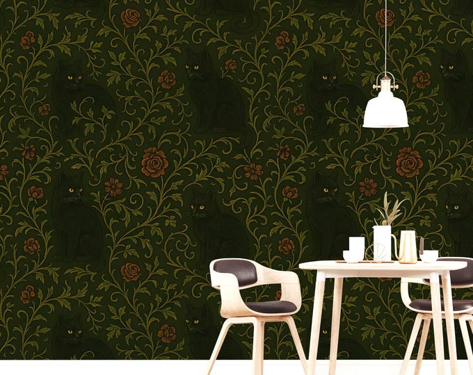 Medieval Black Cat Wallpaper – Dark Gothic Floral Peel Stick or Paste Wall Mural | Mystical Vintage Decor for Bedroom, Office & Altar Space