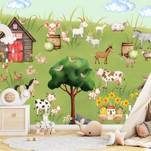 Cute Farm Animal Wallpaper, Peel and Stick Barnyard Wall Mural for Kids Nursery, Watercolor Countryside Playroom Decor, Farmhouse Animals