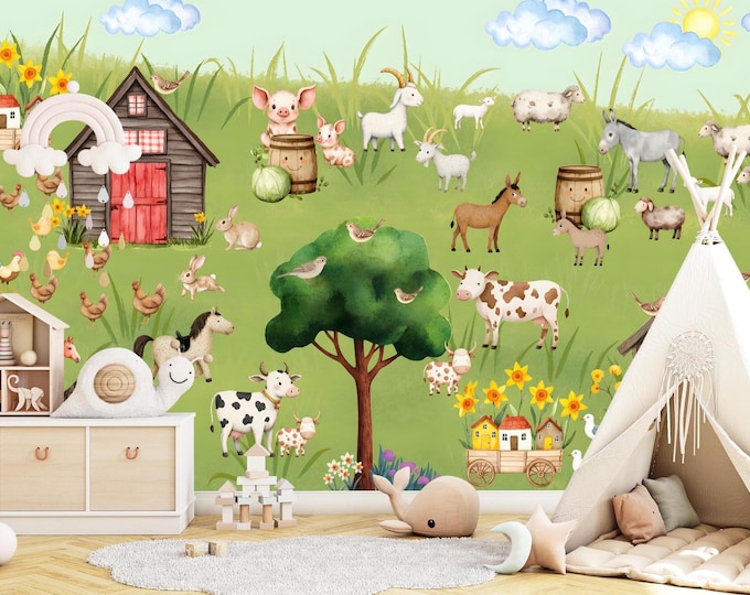 Cute Farm Animal Wallpaper, Peel and Stick Barnyard Wall Mural for Kids Nursery, Watercolor Countryside Playroom Decor, Farmhouse Animals