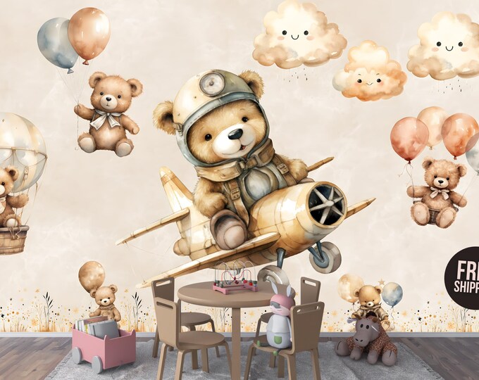 Vintage Adventure Teddy Bear Pilot Nursery Wallpaper Mural, Cute Beige Baby Room Peel and Stick Hot Air Balloon Theme