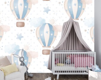 Watercolor Nursery Soft Colors Balloon and Stars Wallpaper Peel and Stick Mural - Cute Light Blue and Beige Decor, Removable Wall Art