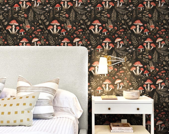 Dark Cottagecore Mushroom Wallpaper – Dark Academia Peel and Stick Mural, Prepasted | Whimsical Botanical Forest Wallpaper