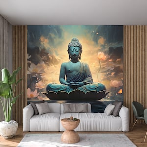 Puede incluir: Una estatua de Buda azul meditando en posición de loto sobre una flor de loto azul. La estatua está rodeada de flores blancas y un fondo brumoso.