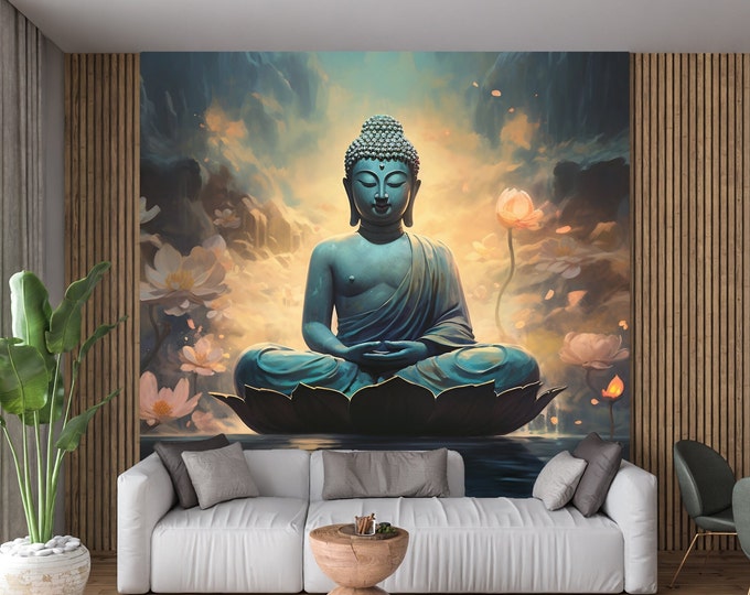 Wallpaper Blue Buddha Zen Lotus Floral Peel and Stick Wall Mural - Removable Wallpaper Decal