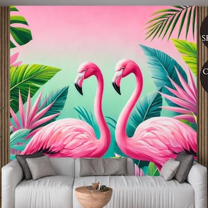 Tropical Pink Flamingo Peel and Stick Wallpaper Mural Decal – Bold Tropical Bird and Leaf for Living Room, Bedroom, Nursery, or Office Décor