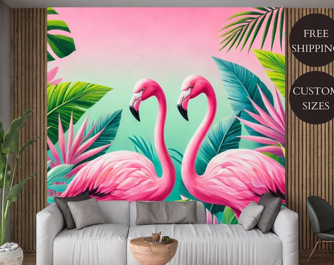 Tropical Pink Flamingo Peel and Stick Wallpaper Mural Decal – Bold Tropical Bird and Leaf for Living Room, Bedroom, Nursery, or Office Décor