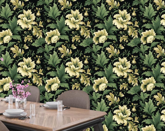 Vintage Dark Botanical Floral Wallpaper Mural, Baroque Classic Victorian Wall Decor, Luxurious Retro Peel and Stick