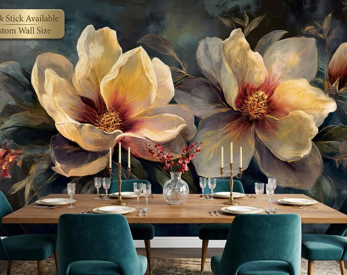 Dark Floral Magnolia Wallpaper Mural — Navy Teal Gold Oil Painting Style Peel and Stick