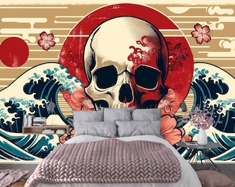 Japanesse Mystic Ukiyo-e Waves und Skull Peela- und Stick-Tapetenwandbild, farbenfrohe Tapete mit traditionellen japanischen Kunstelementen