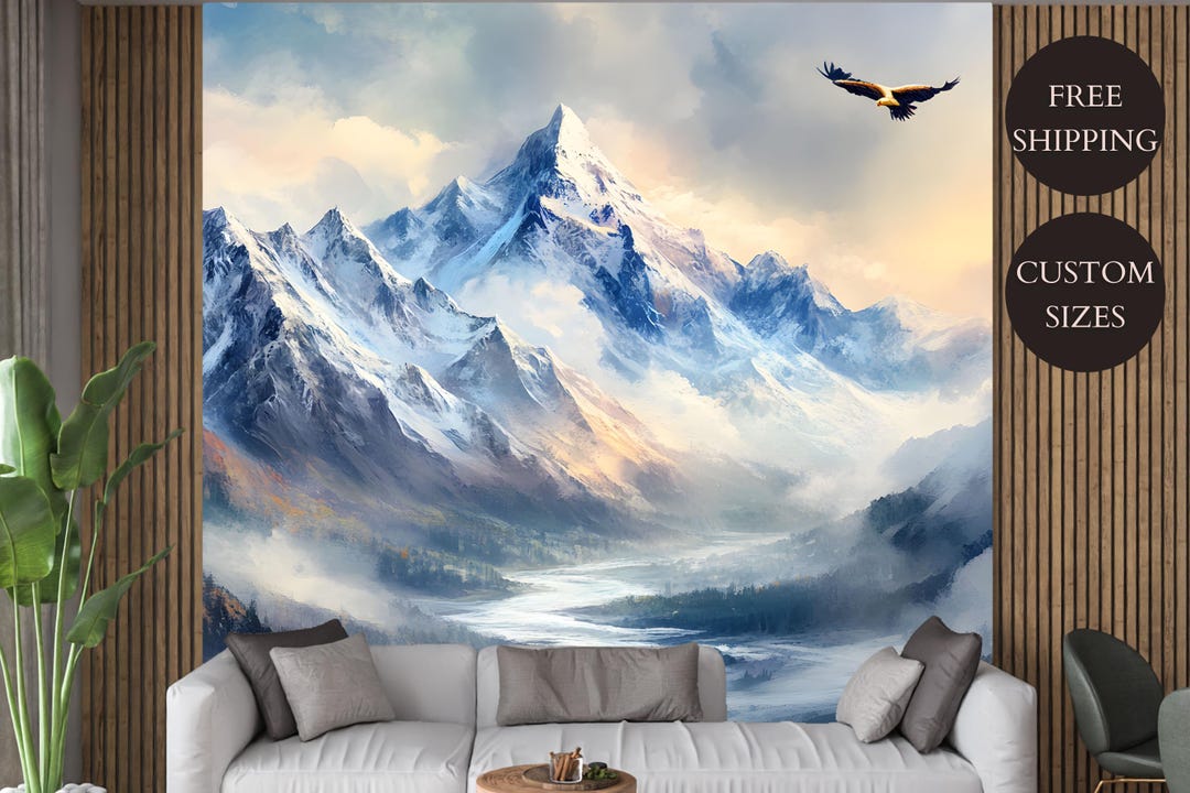 Snowy Mountain Landscape Wallpaper Mural: Peel and Stick Wall Art - Etsy