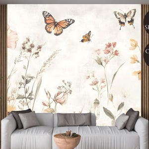Vintage Floral Butterfly Wallpaper Mural: Watercolor Wildflower Design (Peel and Stick)