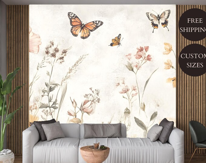 Vintage Floral Butterfly Peel and Stick Wallpaper Mural -  Canvas or Pre-Pasted - Watercolor Wildflower Design for Nursery or Living Room