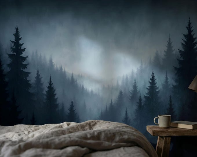 Moody Forest Wallpaper – Dark Foggy Pine Trees Nature Peel and Stick Mural
