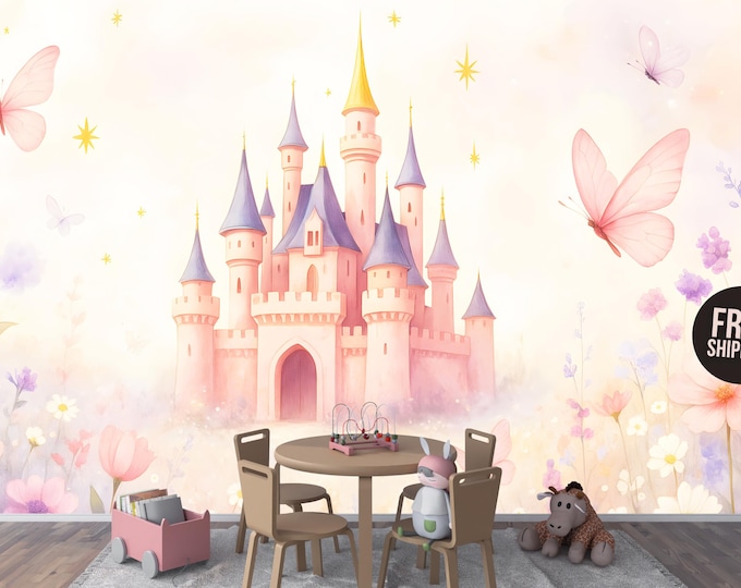 Nursery Pink Fairy Tale Castle Peel and Stick Wallpaper Mural Decal– Enchanted Castle in Blooming Garden for Girls Bedroom, Nursery Decor