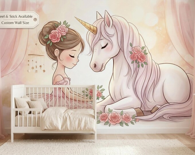 Ballerina Unicorn Peel and Stick Wallpaper Mural, Watercolor Pink Girls Nursery