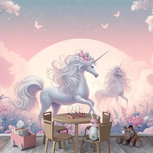 Unicorni incantati - Carta da parati con piastrelle staccabili e incollate della foresta magica - Unicorno da sogno per l'arredamento della cameretta