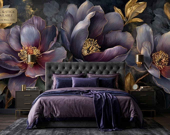 Dark Purple Gothic Peony Wallpaper Mural — Moody Floral Botanical Bedroom Peel and Stick
