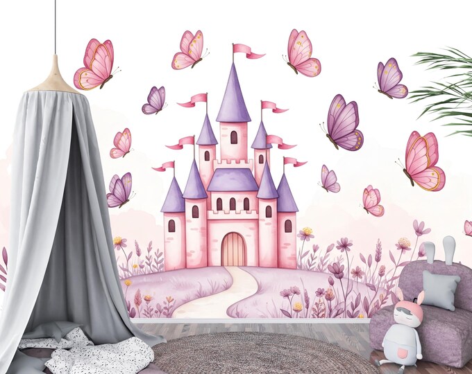 Pink Princess Castle & Butterfly Wallpaper Mural | Peel and Stick or Traditional Fairy Tale Nursery Decor |Removable Girls Bedroom Wallpaper