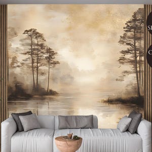 Sepia Lake Scene Wall Mural: Vintage Style Peel and Stick Wallpaper