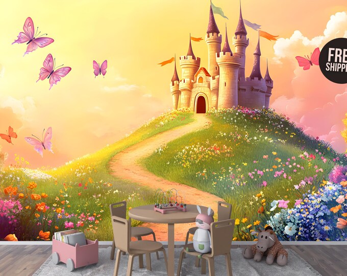 Fantasy Fairy Tale Castle Peel and Stick Wallpaper Mural Decal – Butterflies and Flowers – Kids Room Castle Wall Art Decor