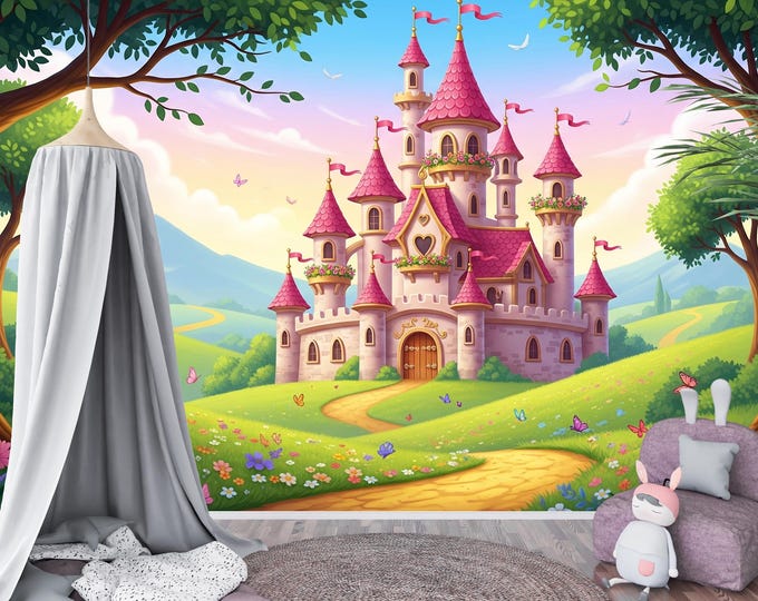 Princess Castle Wallpaper Peel and Stick, Fairytale Wall Mural for Girls Room, Enchanted Forest Nursery Decor, Whimsical Removable Wallpaper