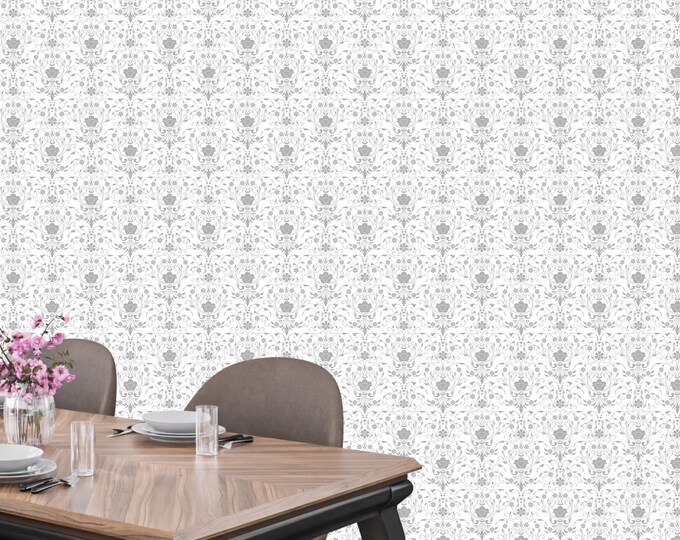Baroque Damask Gray Floral Wallpaper Mural, Vintage Victorian Luxury Peel and Stick or Traditional Wallpaper