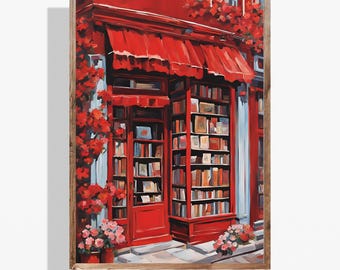 Red Bookstore Oil Painting: Cozy Book Nook Wall Art (Digital Download)