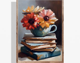 Koffiekopje bloemenkunstprint: gezellig decor van een boekhoekje (digitale download)