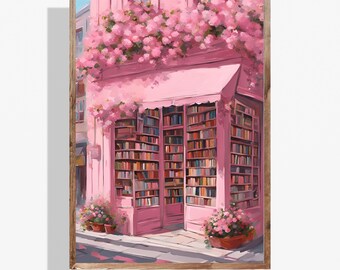 May include: A pink building with a storefront filled with bookshelves. The building is covered in pink flowers.