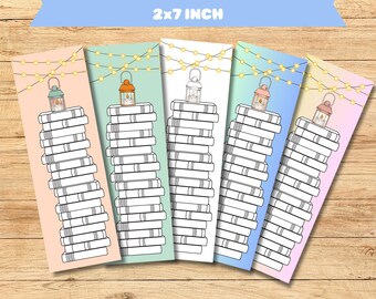 May include: Printable bookmark set with a stack of books and a lantern design. The bookmarks are 2x7 inches and come in four different colors: peach, light blue, green, and white.