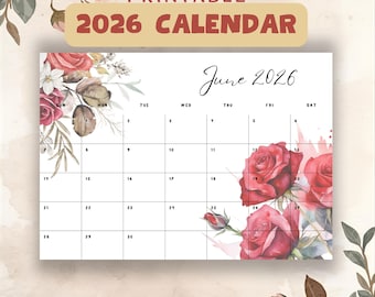 Calendario floral imprimible mensual 2026, formato horizontal, inicio en domingo, tamaños A4 y carta de EE. UU.